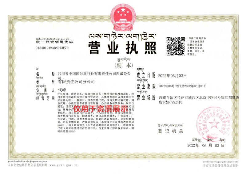 西藏中旅營業執照